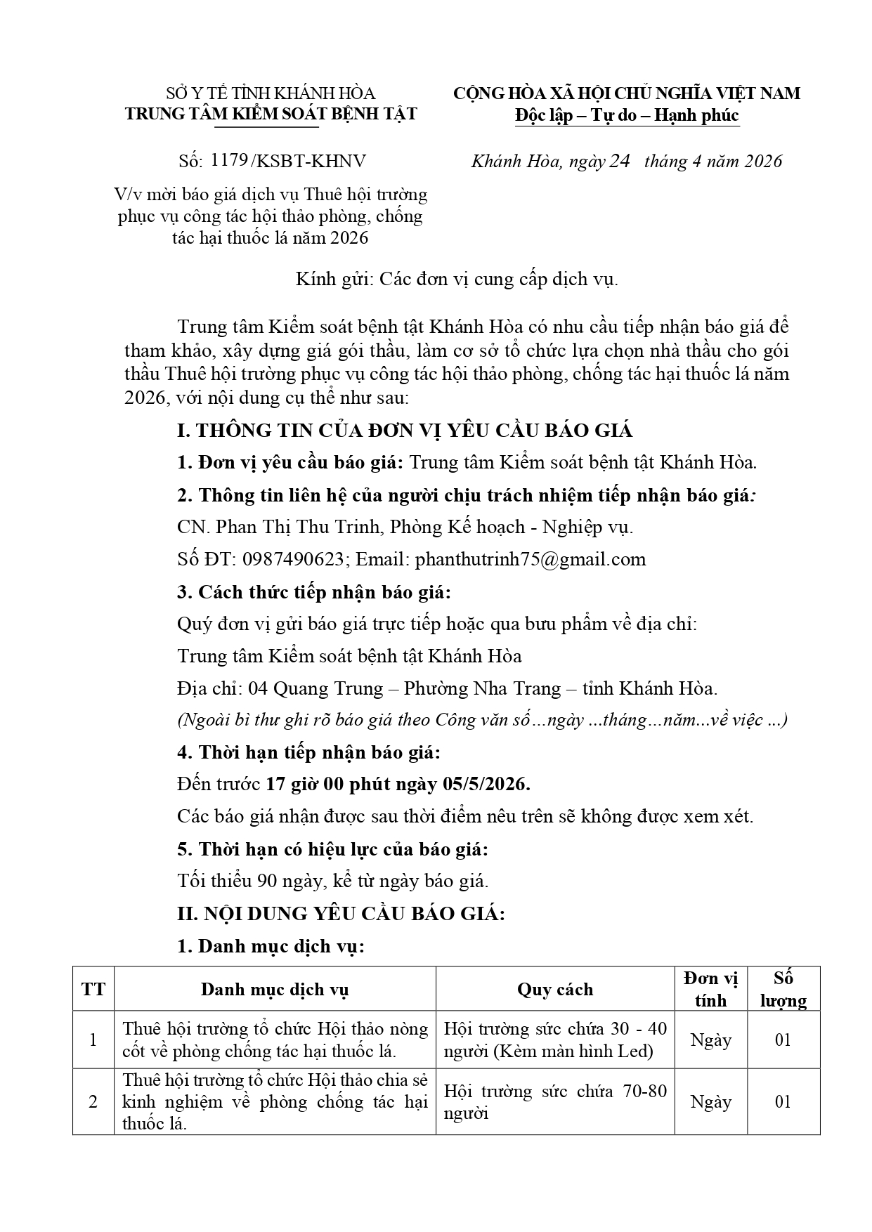 V/v mời báo giá dịch vụ Thuê hội trường  phục vụ công tác hội thảo phòng, chống  tác hại thuốc lá năm 2026
